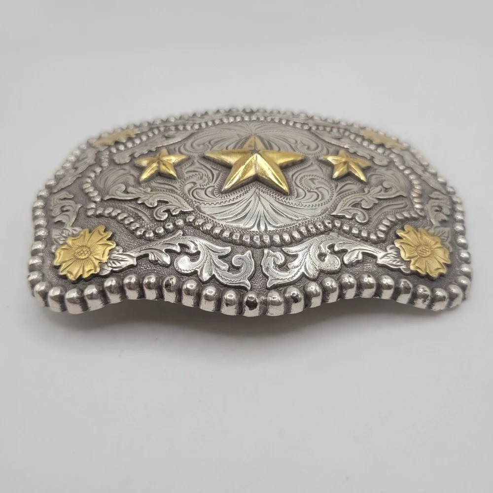 Cody James Triple Star Belt Buckle Silver Gold Western Cowboy Engraved Scalloped
